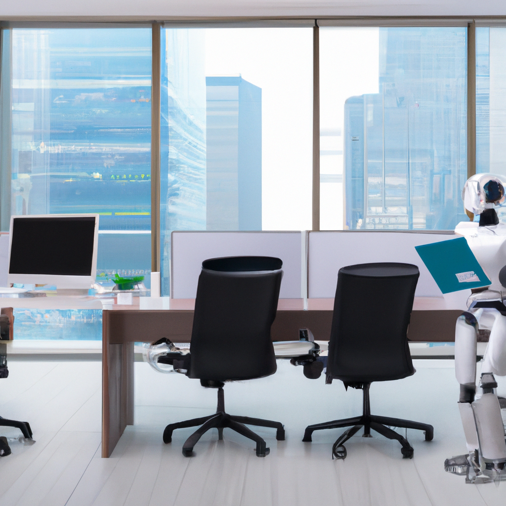 A futuristic office with AI robots.