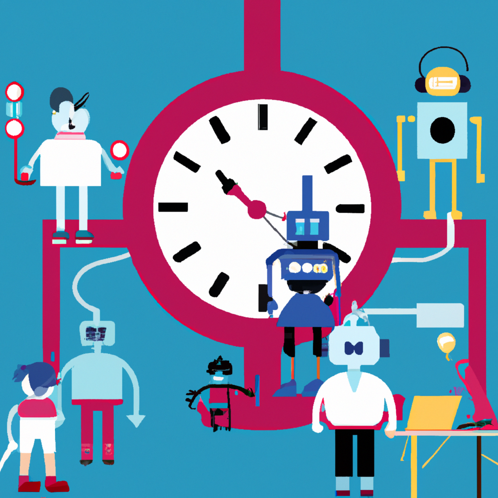 A robot surrounded by clocks, computers, and people working together efficiently.